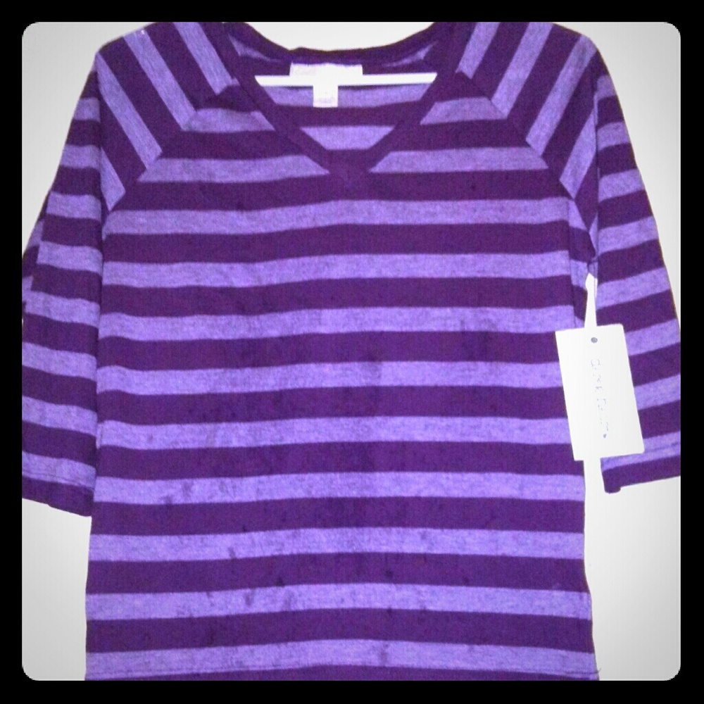 NWT- PURPLE STRIPPED LIGHTWEIGHT 3/4 SLEEVE TEE